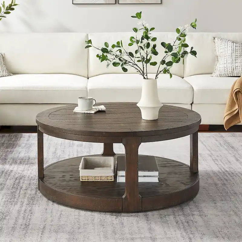 40-Inch Round 2-Tier Solid Wood Coffee Table | Mid-Century Vintage Design
