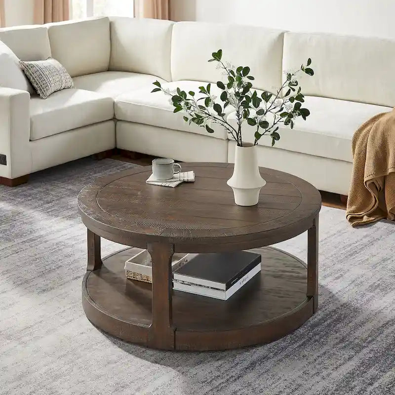40-Inch Round 2-Tier Solid Wood Coffee Table | Mid-Century Vintage Design