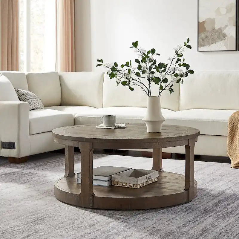 40-Inch Round 2-Tier Solid Wood Coffee Table | Mid-Century Vintage Design