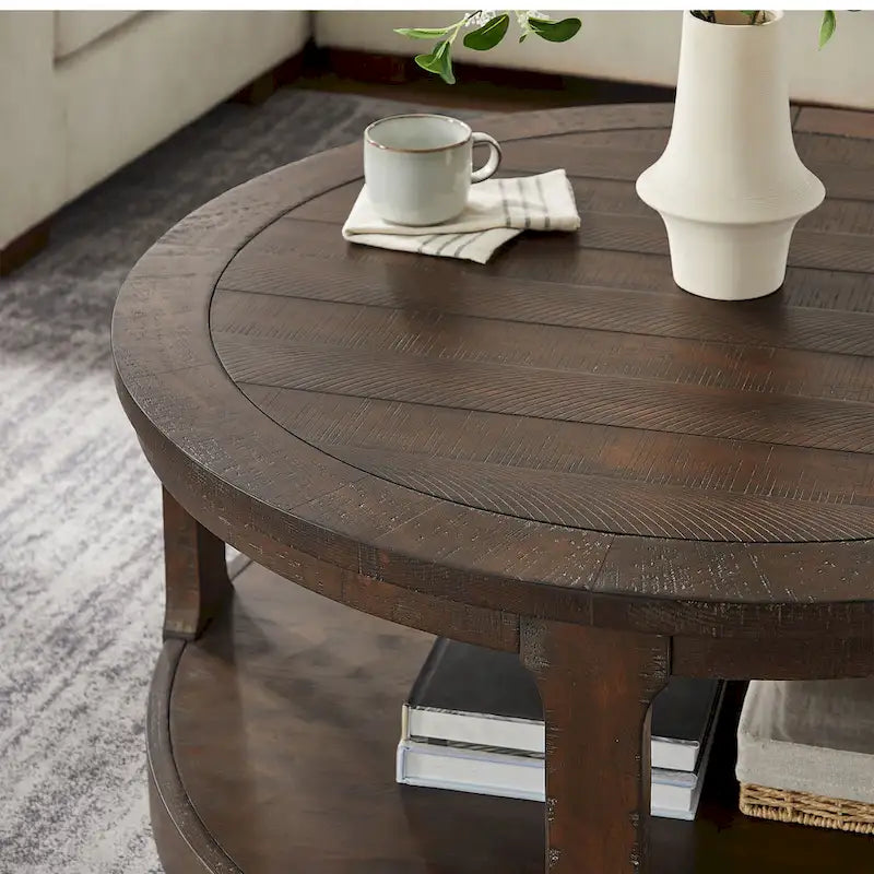40-Inch Round 2-Tier Solid Wood Coffee Table | Mid-Century Vintage Design