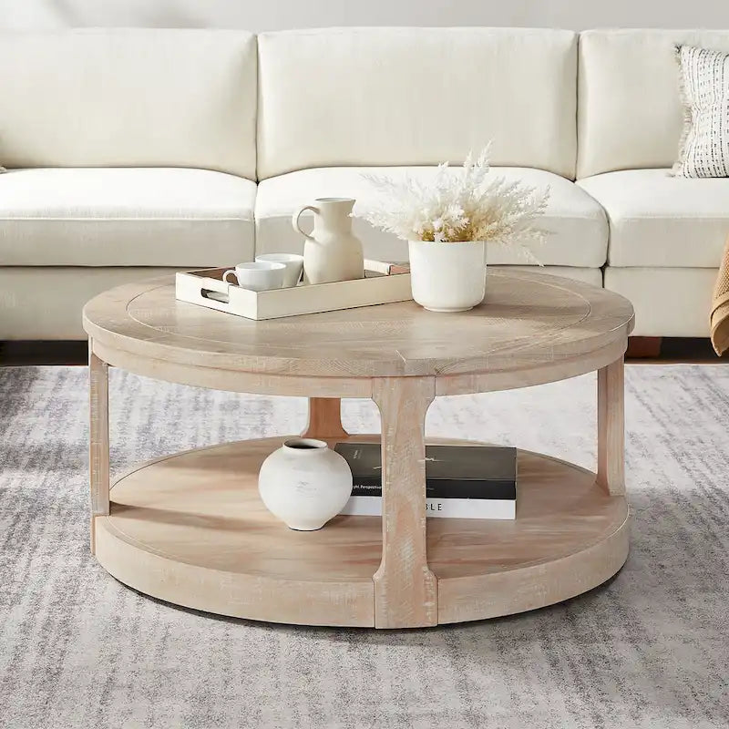 40-Inch Round 2-Tier Solid Wood Coffee Table | Mid-Century Vintage Design
