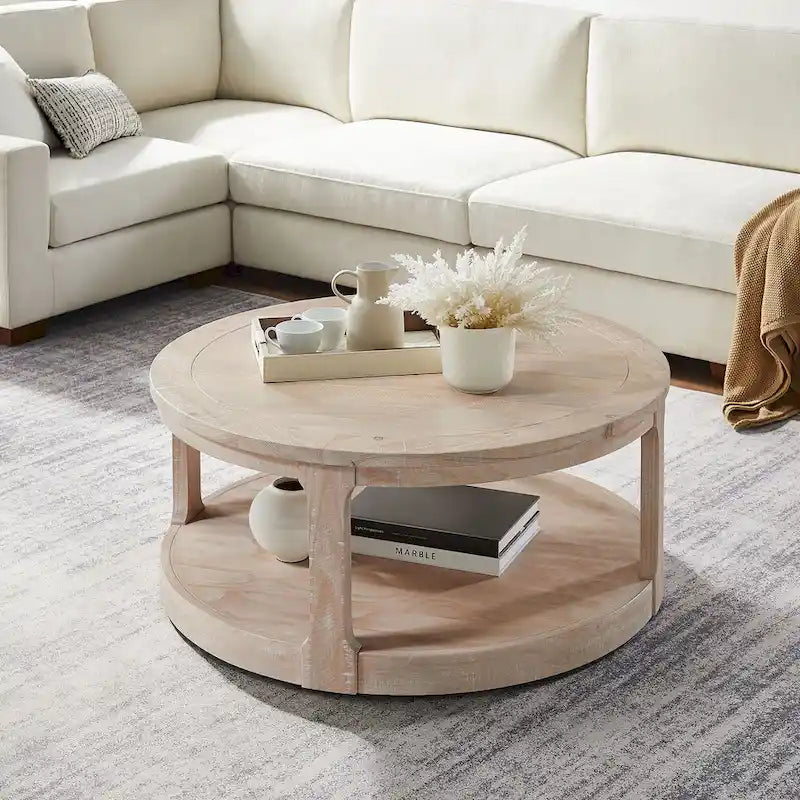 40-Inch Round 2-Tier Solid Wood Coffee Table | Mid-Century Vintage Design