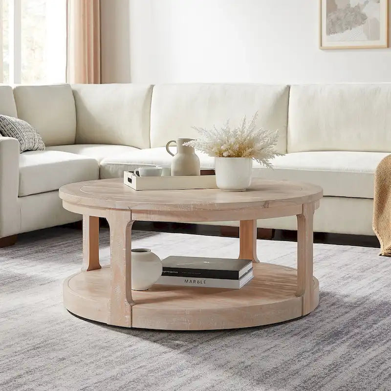 40-Inch Round 2-Tier Solid Wood Coffee Table | Mid-Century Vintage Design