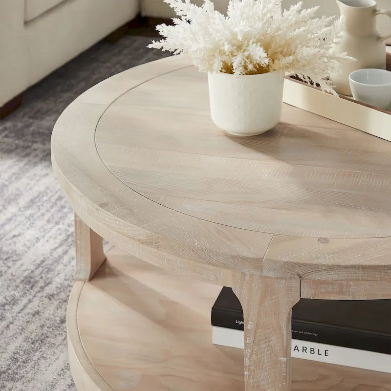 40-Inch Round 2-Tier Solid Wood Coffee Table | Mid-Century Vintage Design