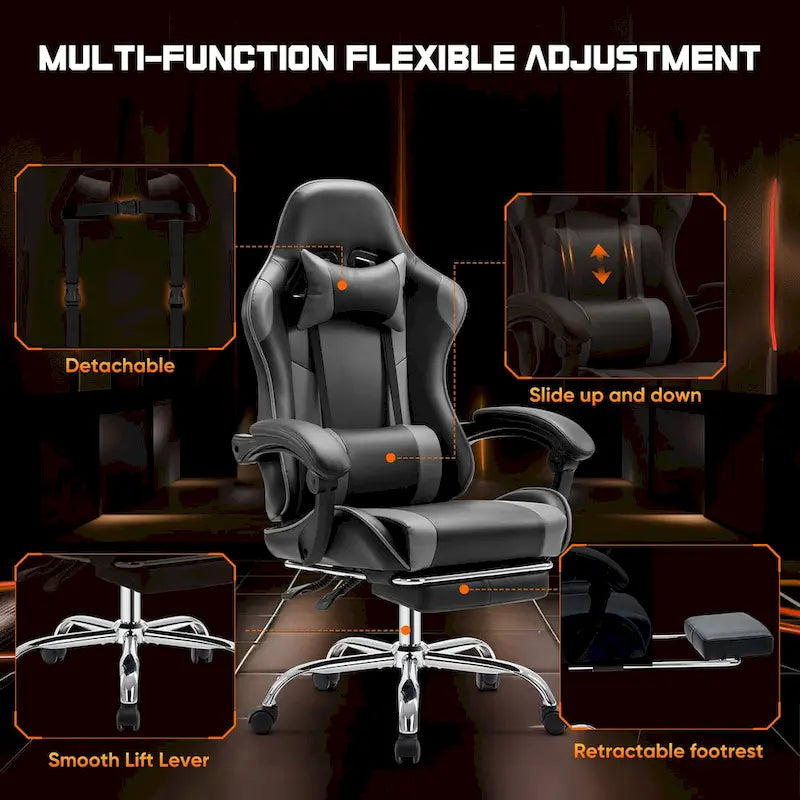 Ergonomic Gaming Chair with Reclining Backrest, Footrest, Headrest & Lumbar Support