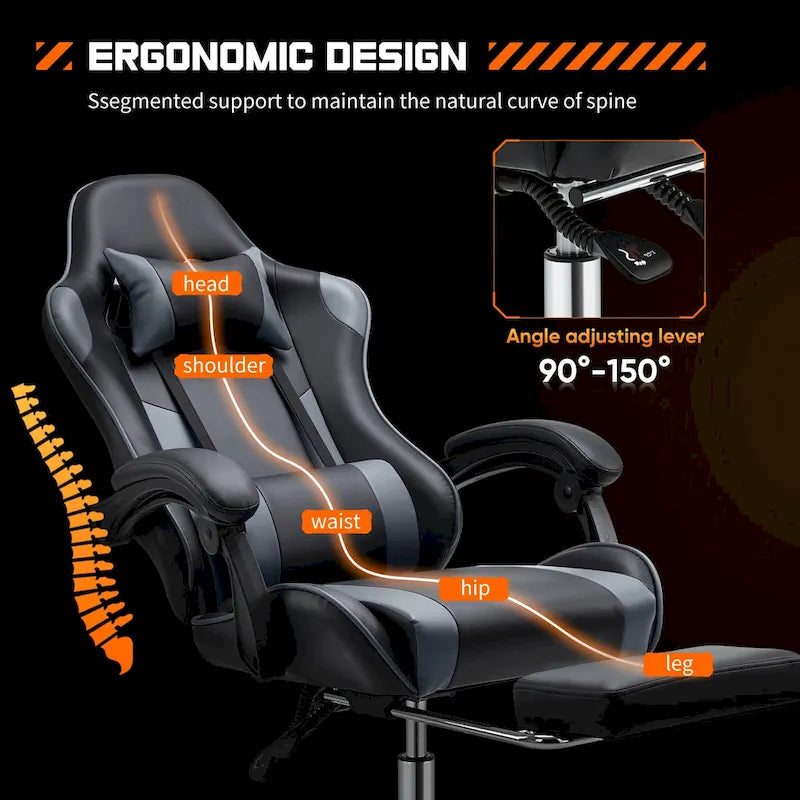 Ergonomic Gaming Chair with Reclining Backrest, Footrest, Headrest & Lumbar Support