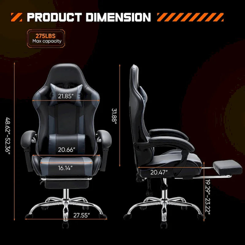 Ergonomic Gaming Chair with Reclining Backrest, Footrest, Headrest & Lumbar Support