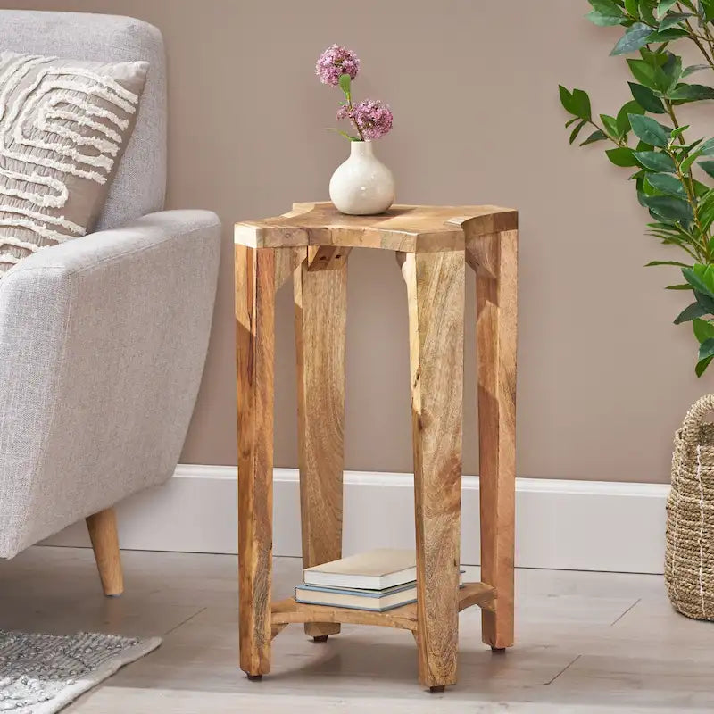 Handcrafted Mango Wood Boho Side Table with Concave Design