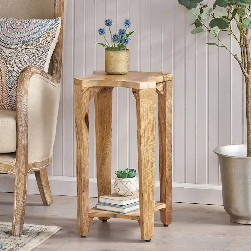 Handcrafted Mango Wood Boho Side Table with Concave Design