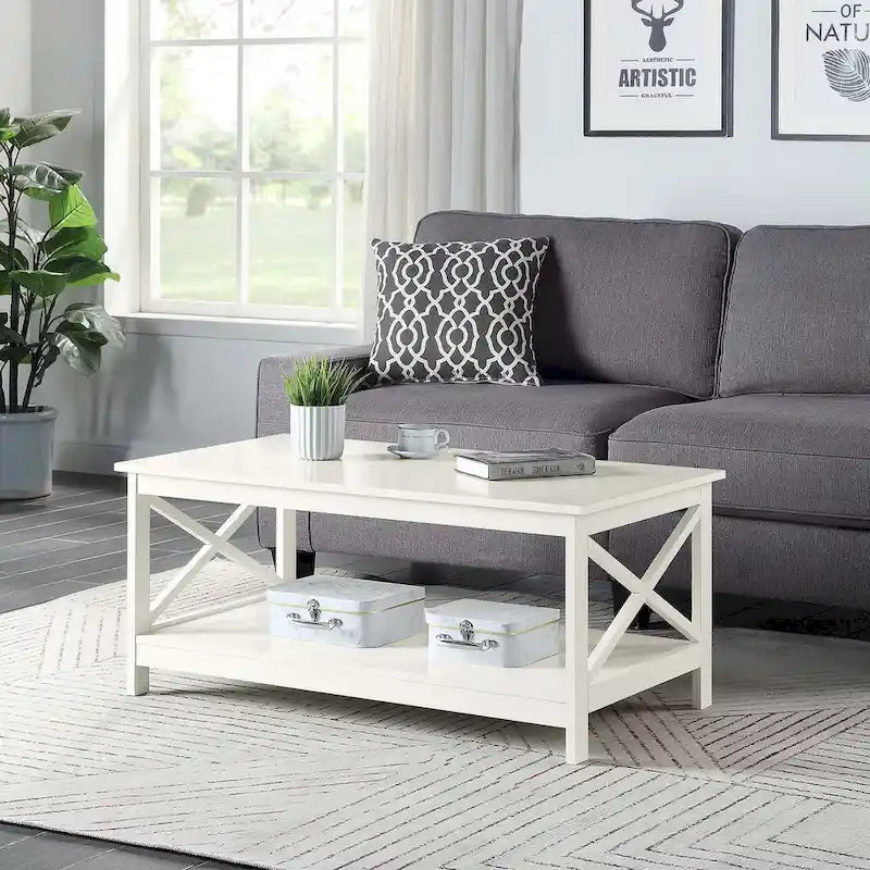 Coastal Farmhouse Coffee Table with X-Frame & Bottom Shelf