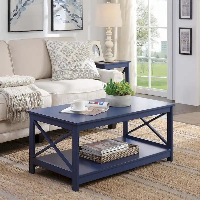 Coastal Farmhouse Coffee Table with X-Frame & Bottom Shelf