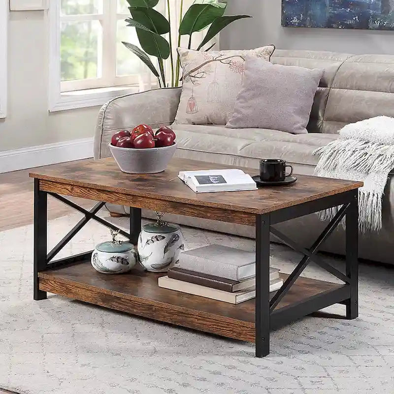 Coastal Farmhouse Coffee Table with X-Frame & Bottom Shelf
