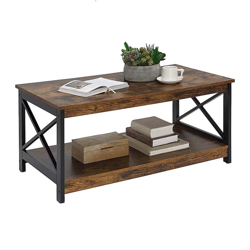 Coastal Farmhouse Coffee Table with X-Frame & Bottom Shelf