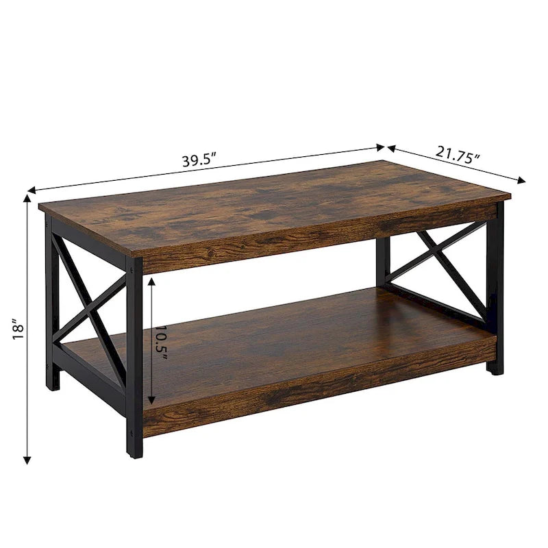Coastal Farmhouse Coffee Table with X-Frame & Bottom Shelf