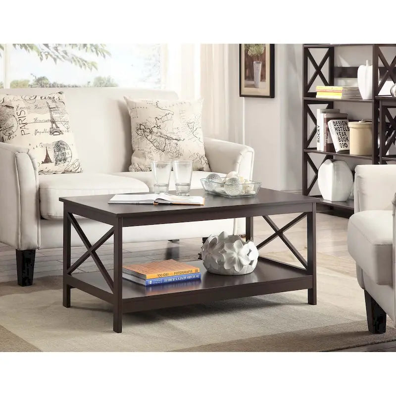 Coastal Farmhouse Coffee Table with X-Frame & Bottom Shelf