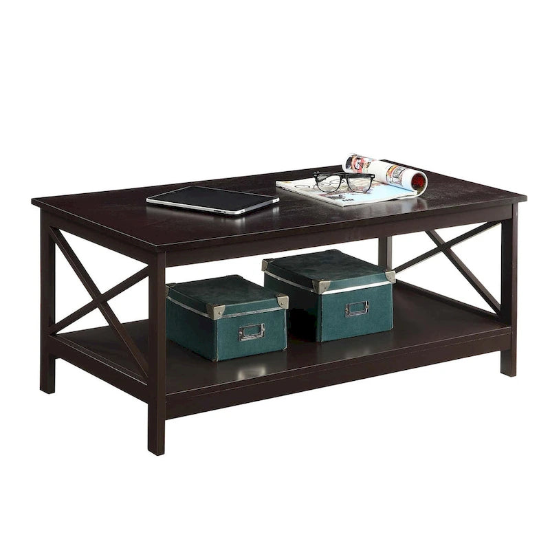 Coastal Farmhouse Coffee Table with X-Frame & Bottom Shelf