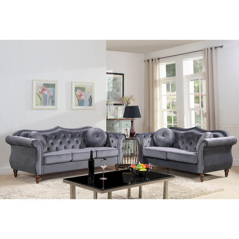 Velvet Chesterfield Loveseat with Nailhead Trim & Tufted Back