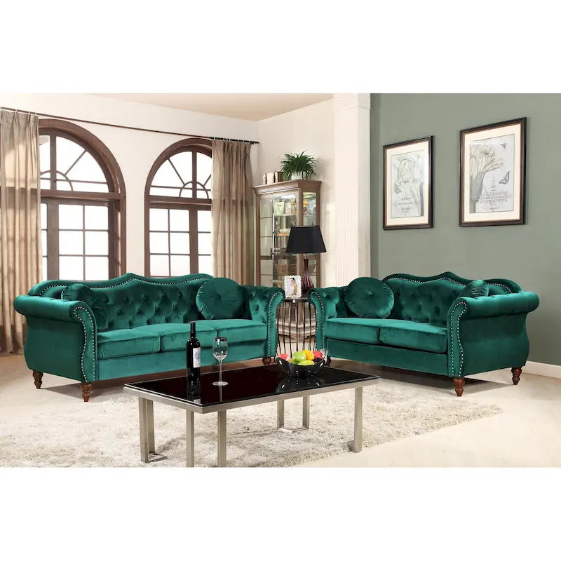 Velvet Chesterfield Loveseat with Nailhead Trim & Tufted Back