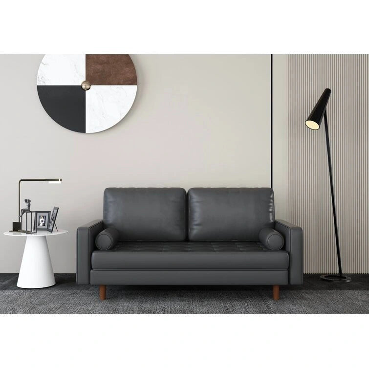 Mid-Century Faux Leather Sofa with Square Arms & Tufted Seats