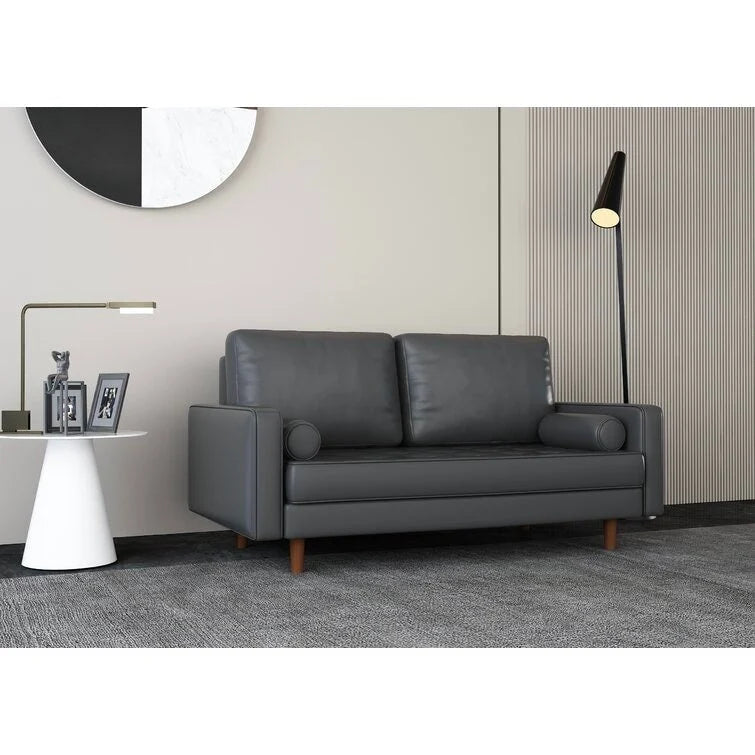 Mid-Century Faux Leather Sofa with Square Arms & Tufted Seats