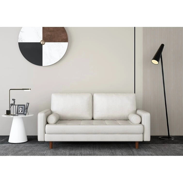 Mid-Century Faux Leather Sofa with Square Arms & Tufted Seats