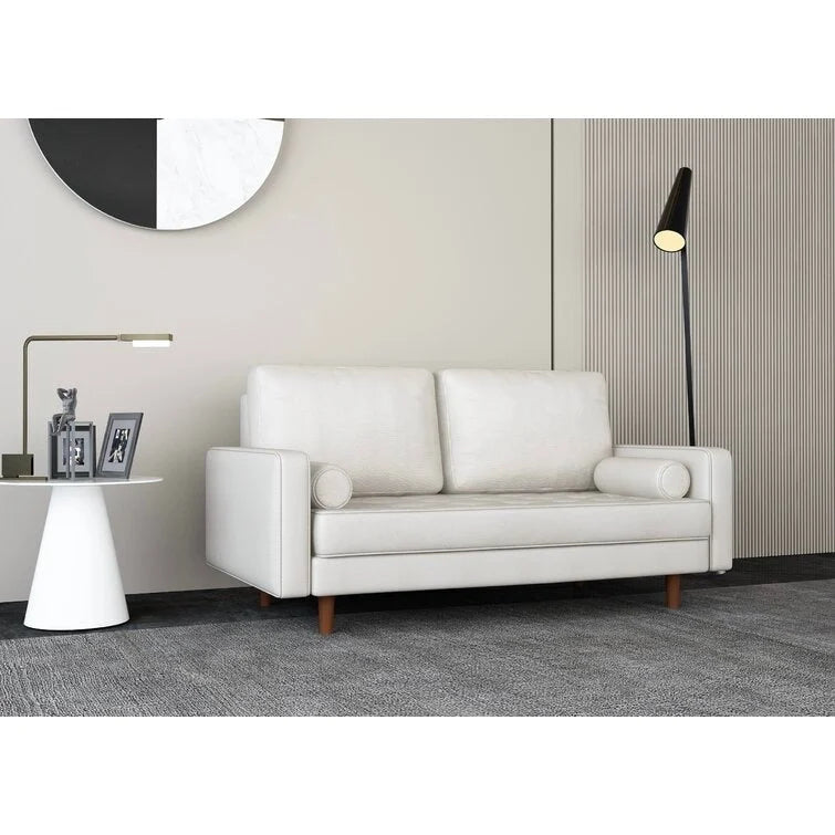 Mid-Century Faux Leather Sofa with Square Arms & Tufted Seats