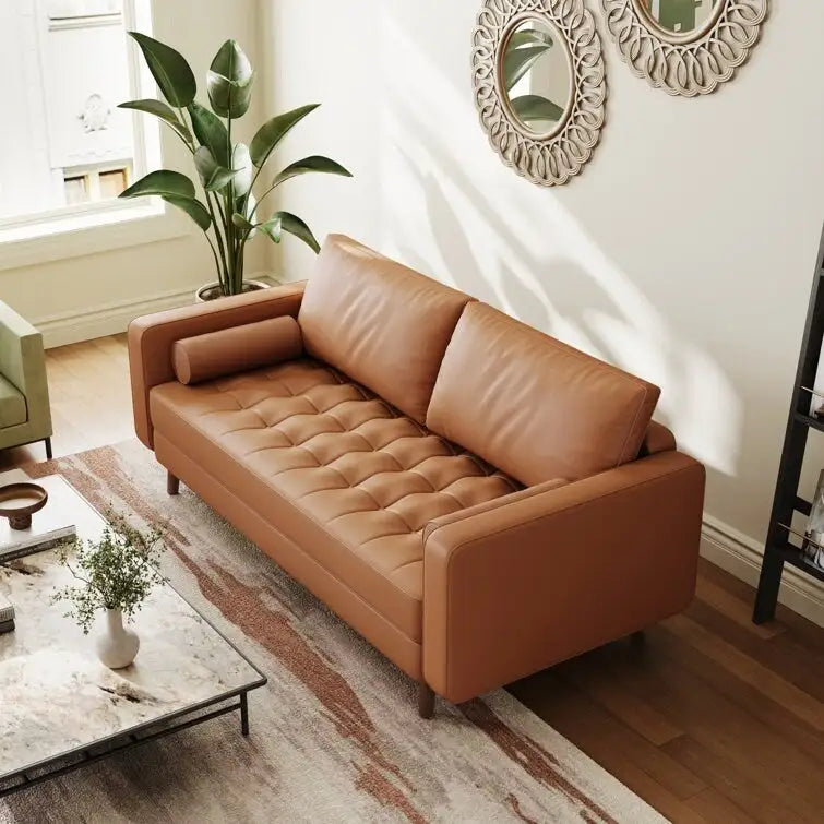 Mid-Century Faux Leather Sofa with Square Arms & Tufted Seats