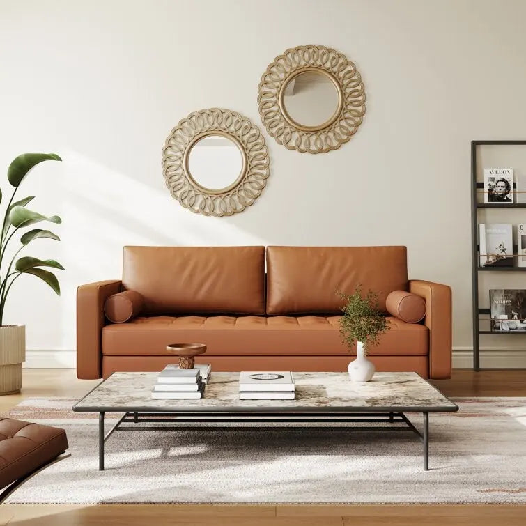 Mid-Century Faux Leather Sofa with Square Arms & Tufted Seats