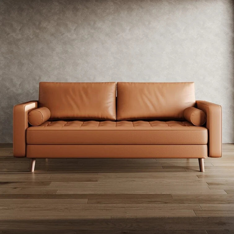 Mid-Century Faux Leather Sofa with Square Arms & Tufted Seats