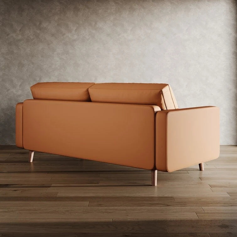 Mid-Century Faux Leather Sofa with Square Arms & Tufted Seats