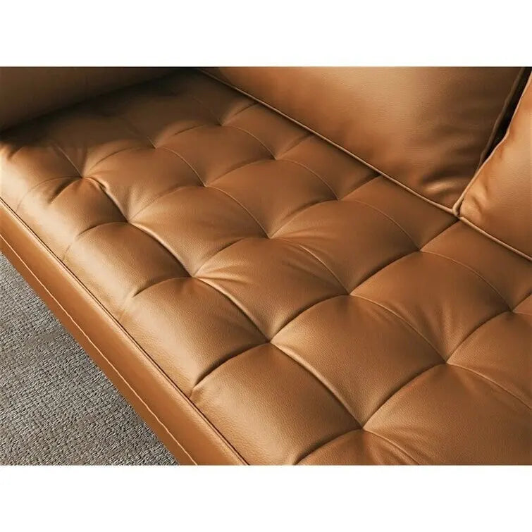 Mid-Century Faux Leather Sofa with Square Arms & Tufted Seats