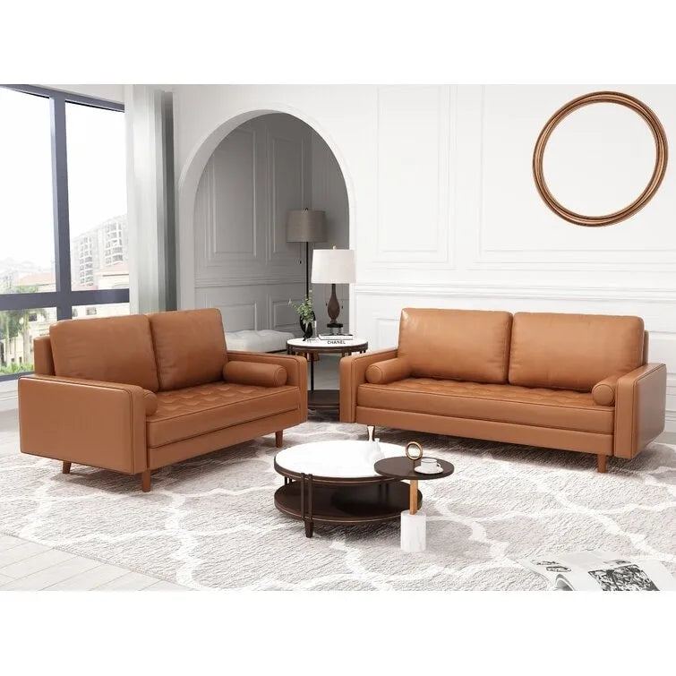 Mid-Century Faux Leather Sofa with Square Arms & Tufted Seats