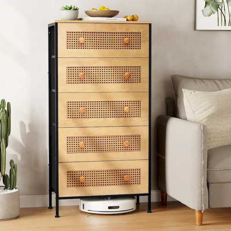 5-Drawer Dresser with Faux Rattan Fronts & Steel Frame