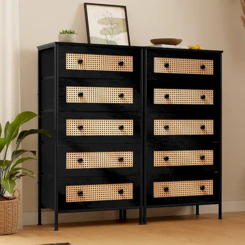 5-Drawer Dresser with Faux Rattan Fronts & Steel Frame