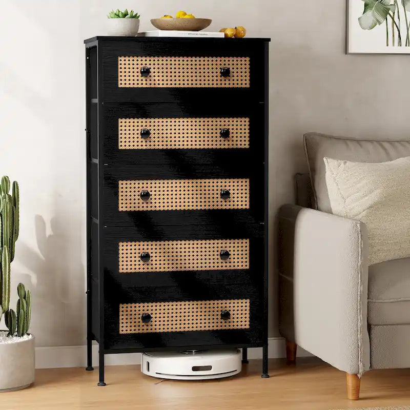 5-Drawer Dresser with Faux Rattan Fronts & Steel Frame