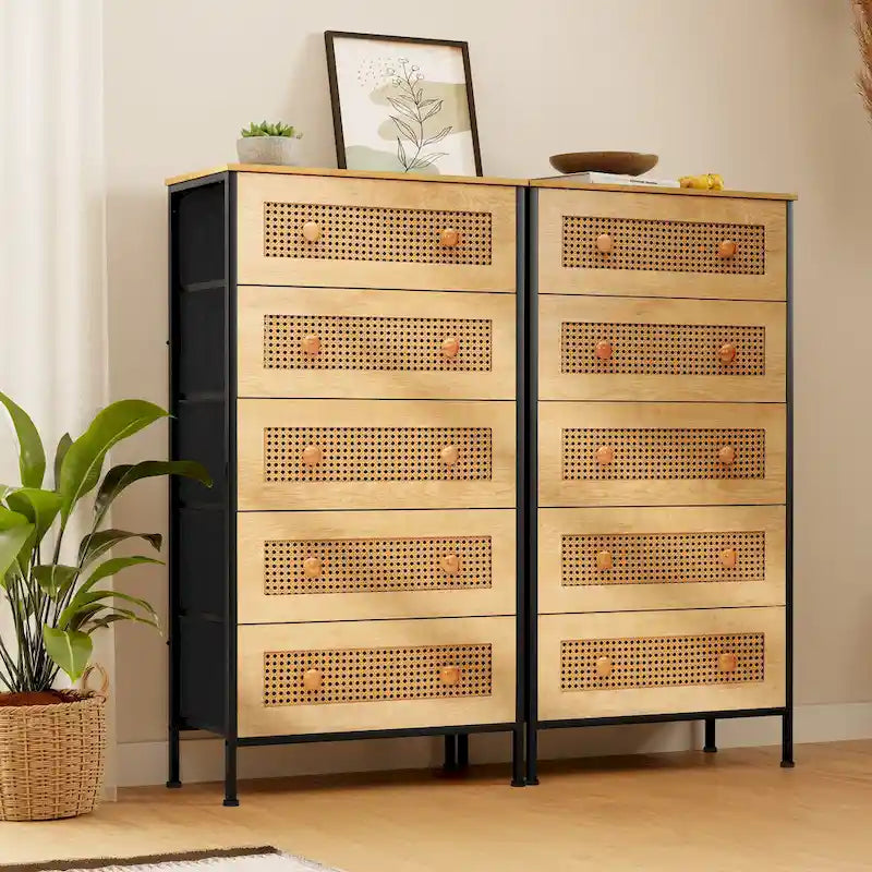 5-Drawer Dresser with Faux Rattan Fronts & Steel Frame