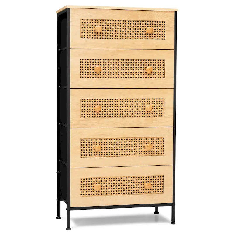 5-Drawer Dresser with Faux Rattan Fronts & Steel Frame