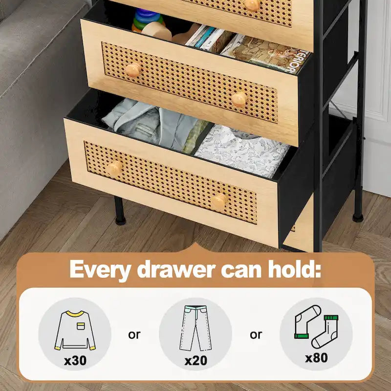 5-Drawer Dresser with Faux Rattan Fronts & Steel Frame