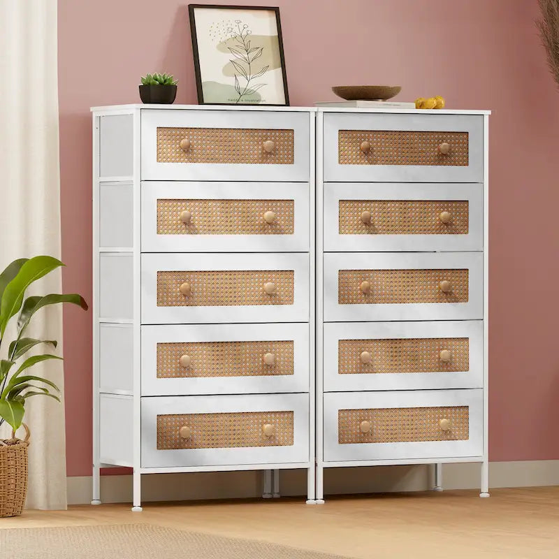 5-Drawer Dresser with Faux Rattan Fronts & Steel Frame