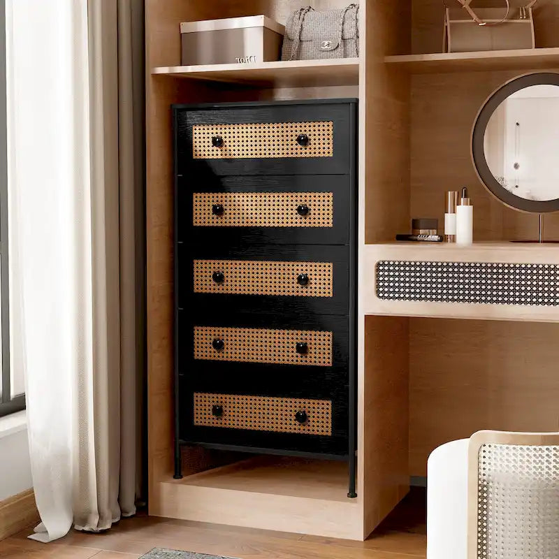 5-Drawer Dresser with Faux Rattan Fronts & Steel Frame