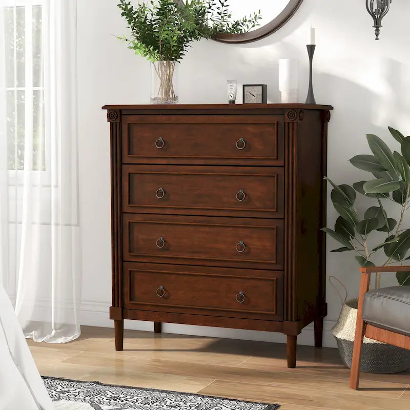 Traditional 4-Drawer Chest with Fluted Columns & Medallion Accents