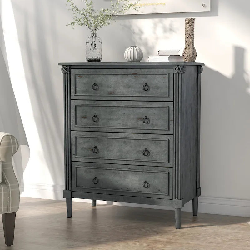 Traditional 4-Drawer Chest with Fluted Columns & Medallion Accents