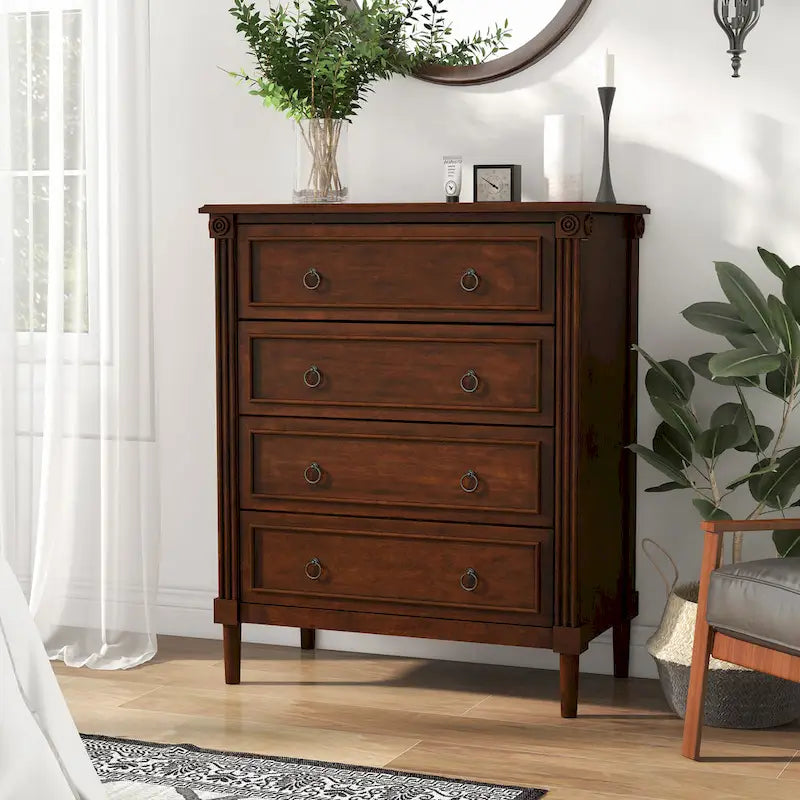 Traditional 4-Drawer Chest with Fluted Columns & Medallion Accents