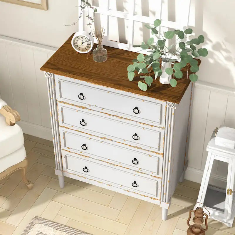 Traditional 4-Drawer Chest with Fluted Columns & Medallion Accents