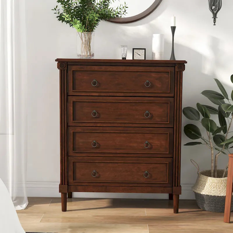 Traditional 4-Drawer Chest with Fluted Columns & Medallion Accents