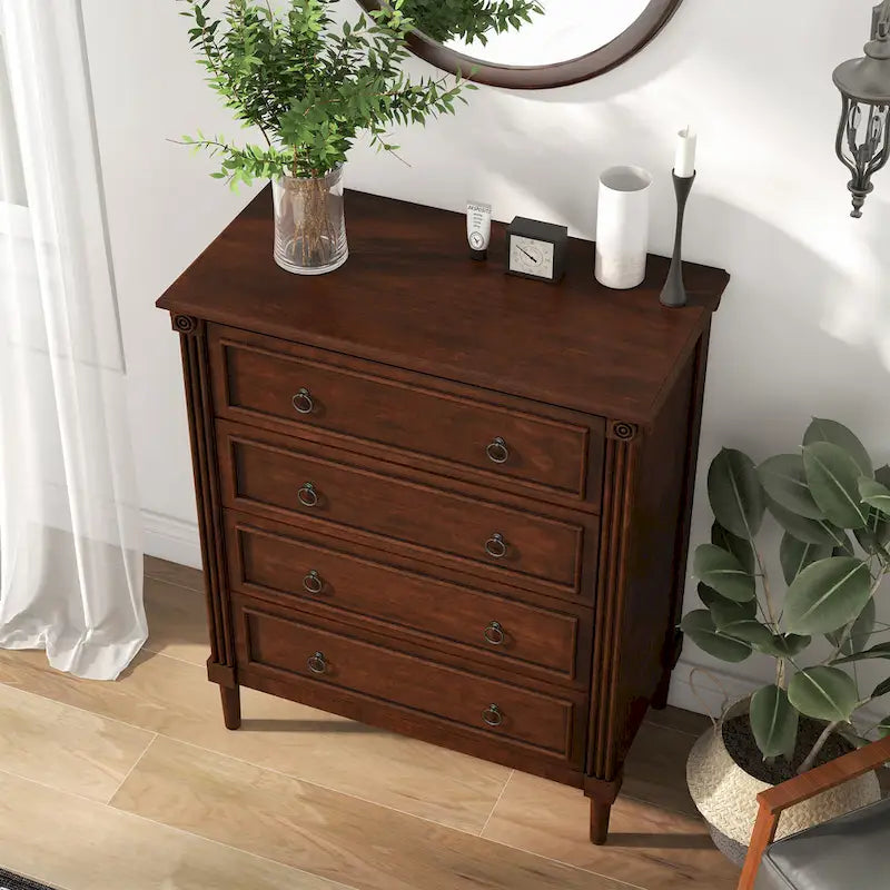 Traditional 4-Drawer Chest with Fluted Columns & Medallion Accents