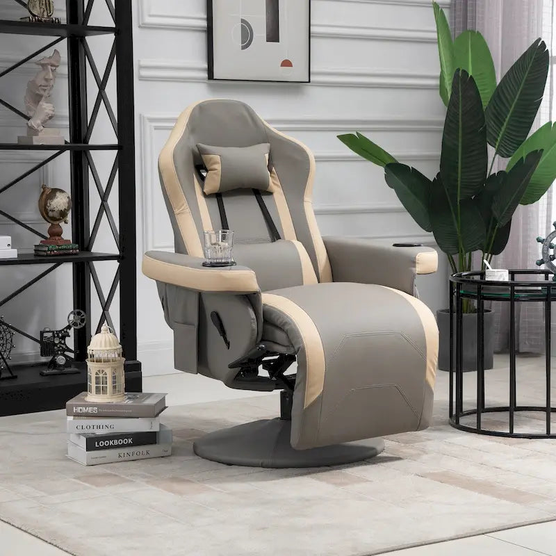 PU Leather Swivel Recliner Armchair with Adjustable Footrest & Cup Holder