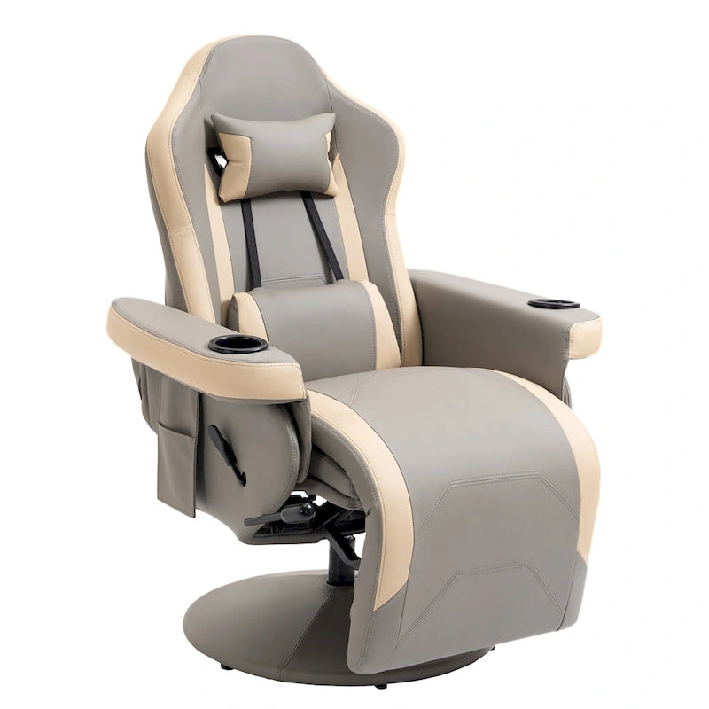 PU Leather Swivel Recliner Armchair with Adjustable Footrest & Cup Holder