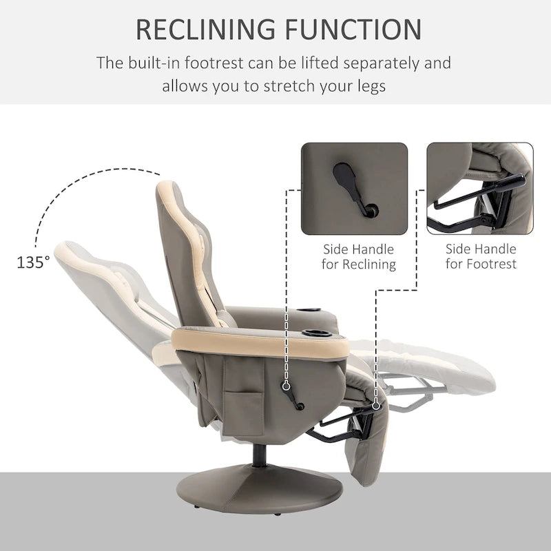 PU Leather Swivel Recliner Armchair with Adjustable Footrest & Cup Holder