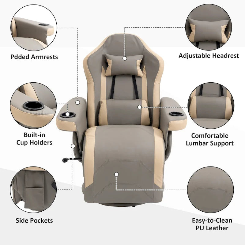 PU Leather Swivel Recliner Armchair with Adjustable Footrest & Cup Holder